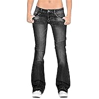 Andongnywell Ladies Mid Waisted Stretchy Elastic Bell Bottom Jeans Women's Flared Wide Leg Denim Pants Trousers