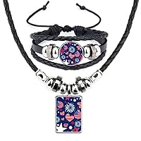 USA Flag Love Heart Star Festival Leather Necklace Bracelet Jewelry Set
