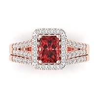 Clara Pucci 1.7 ct Emerald Cut Halo Solitaire Genuine Natural Red Garnet Designer Art Deco Statement Wedding Ring Band Set 18K Rose Gold