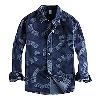 Retro Male Cargo Denim Washed Shirt Letter Print Long Sleeve Cotton Uniform Light Casual Work Mens Shirts Top