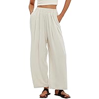 Beaully Women Linen Pants High Waist Wide Leg Palazzo Pants Casual Loose Long Trousers with Pockets