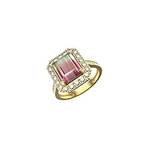 Emerald Cut Natural Watermelon Tourmaline Gemstone In 14k Solid Gold Engagement Gift Ring For Women And Girls
