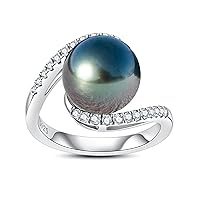 Genuine 10-11MM Tahitian Black Pearl Ring, AAA Quality Handpicked Nature Pearls with 0.36 cttw Moissanite,18 White Gold Plated Sterling Silver Ring