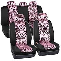 carXS Zebra Print Car Seat Covers Full Set, Includes Matching Seat Belt Pads and Steering Wheel Cover, Two-Tone Animal Print Hot Pink Seat Covers for Cars for Women, Car Seat Protector Interior Covers