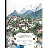 Composition Notebook Wide Ruled: Mixed Media Collage Jigsaw Puzzle Style, Watercolor of Ancient Villages in Ninh Binh Vietnam Bright Puzzle Style, Ideal for Writing, Size 8.5x11 Inches, 120 Pages