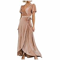 Womens Velvet Ribbed Prom Dresses Wrap V Neck Short Bell Sleeve Tie Waist Evening Party Floor Length Maxi Flowy Dress