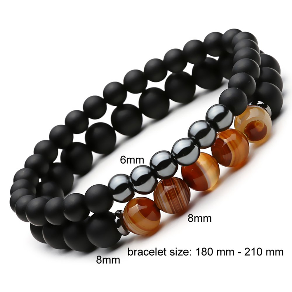 SEVENSTONE 2PCS Black Matte Onyx Prayer Beads Bracelet for Men Women Elastic Natural Stone