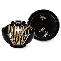 J-kitchens Luxury Wooden Soup Bowl, Boiled Bowl, Black Lacquered / Tokusa Reward Dragonfly, Made in Japan