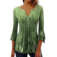 Trendy Tops for Women Wide Bell-Sleeve Super Soft Deep V Neck Flowy Patterned with Buttons Dressy Tops for Women