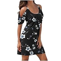 Crewneck Dresses for Juniors Summer Fall Short Sleeve Cold Shoulder Floral Beach Hawaiian Dresses Women 2024