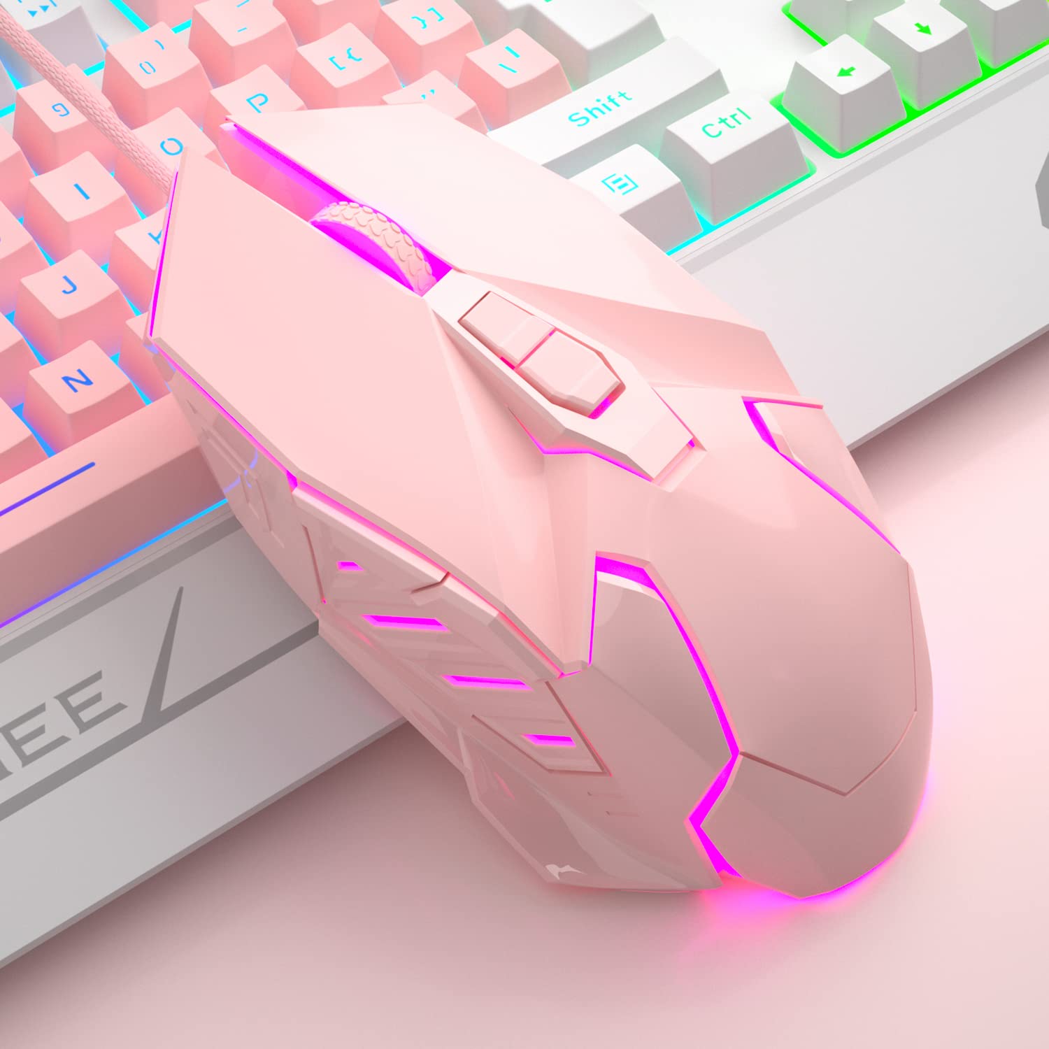 Pink Keybaord USB Gaming Keyboards and Mouse Combo, GT817 104 Key Rainbow Backlit Keyboard and Mouse Set, Computer Keyboard USB Wired Mouse for Windows PC Gamers (White & Pink)