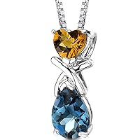 PEORA Citrine and London Blue Pendant Necklace for Women 925 Sterling Silver, Natural Gemstones, 3 Carats total Crisscross Heart and Pear Shape, with 18 inch Chain