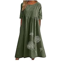 Lightning Deals of Today Prime by Hour Cotton Linen Dress for Women 2024 Trendy Summer Short Sleeve Midi Dresses Cute Casual Dandelion Print Sundress with Pocket Army Green