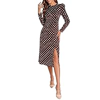 Fall Dresses for Women 2023 Round Neck Polka Dot Print Puff Sleeve Split Thigh Midi Dress