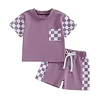 Toddler Baby Girl Summer Clothes Checkerboard Plaid Short Sleeve T-Shirt Elastic Waist Shorts Set Outfit