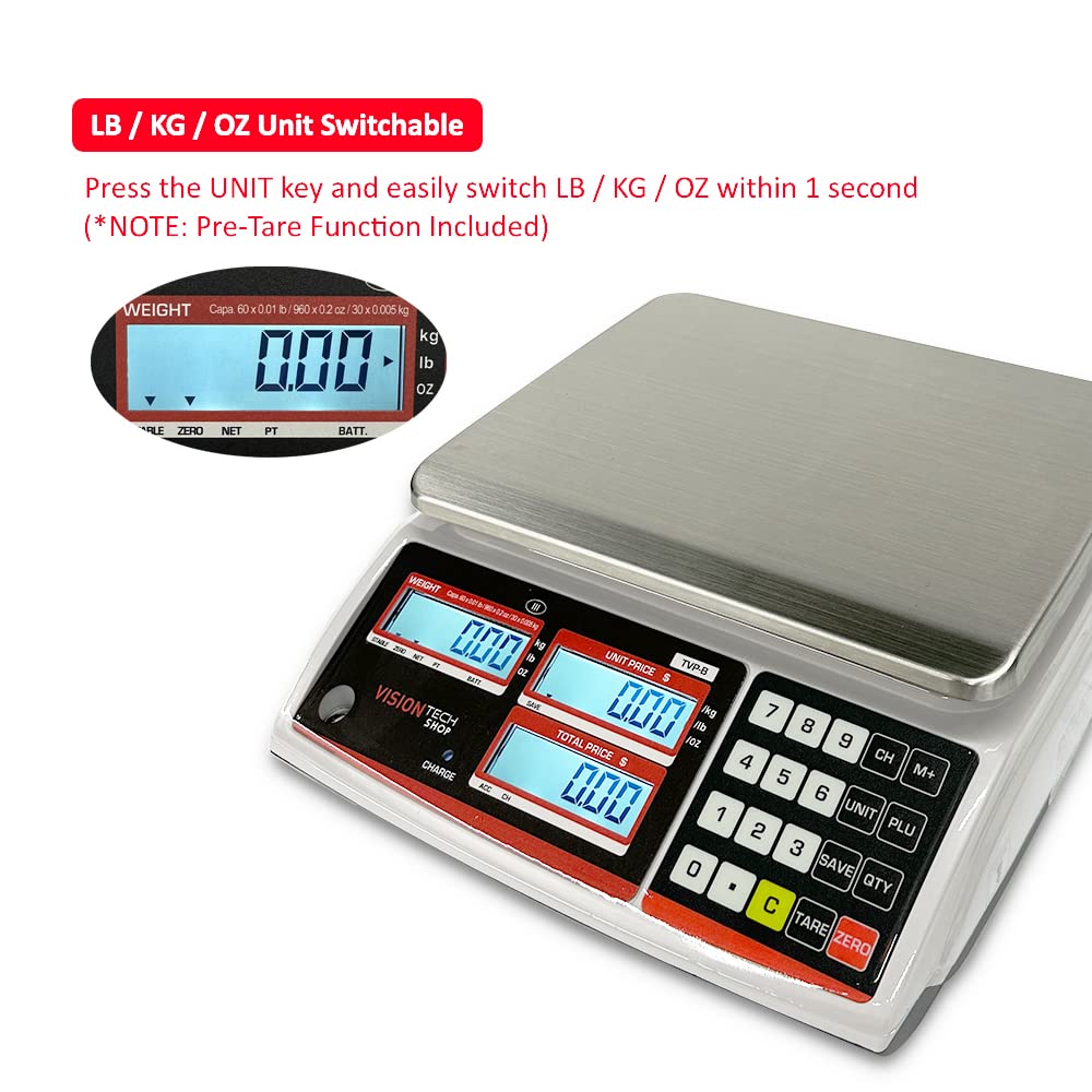 VisionTechShop TVP-60B Price Computing Scale, Lb/Oz/Kg Switchable, 60lb Capacity, 0.01lb Readability, NTEP Legal for Trade COC #19-038