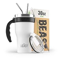 BEAST 30 oz Arctic White Tumbler Set with Handle - Stainless Steel Coffee Cup + 2 Straws Brush, Gift Box & Black Handle