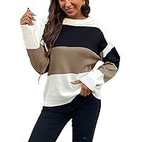 Color Block Sweater for Women Fashion Casual Pullover Knit Striped Crewneck Sweater Knitwear Fall Sweaters