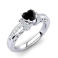 14K White Gold Plated 0.79 Ct Round & Heart Cut Black & Sim Diamond Engagement Ring