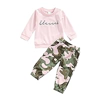 VISGOGO Baby Girls Clothes Set Letter Print Long Sleeve O-Neck T-Shirt+Camouflage Trousers Pants+Bow-Knot Headband