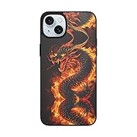 Fire Chinese Dragon Print for iPhone 15 Soft Glass Case Back+Soft Silicone TPU Shock Protective Case