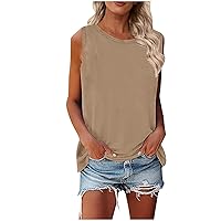 Womens Tank Tops Crewneck Basic Solid Color Casual Flowy Summer Sleeveless Tee Shirt Loose Fit Vest Comfy Tunic Blouse