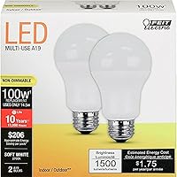 Feit Electric A19 LED Light Bulbs, 100W Equivalent, Non Dimmable, 1600 Lumens, E26 Standard Base, 2700k Soft White, 80 CRI, 10 Year Lifetime, Energy Efficient, 2 Pack, A1600/827/10KLED/2
