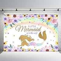 MEHOFOND 7x5ft Mermaid Baby Shower Backdrop Girls Princess Rainbow Floral Golden Glitter Mermaid Background a Little Mermaid is on The Way Banner Photo Booth Props