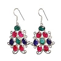 Corundum Emerald Ruby & Sapphire Gemstone 925 Sterling Silver Earrings Beautiful Handmade Jewellery Birthday Gift