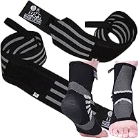 Nordic Lifting Super Heavy Duty Wrist Wraps - Black Grey Bundle with Ankle Compression Sleeves Medium