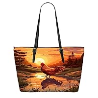 Tranquil Reflection Rooster At Sunset Leather Tote Bag 3d