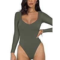 REORIA Women's Sexy V Neck Double Lined Long Sleeve Slimming Going Out Thong Bodysuits Tops