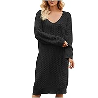 Women's 2023 Fall V Neck Long Sleeve Sweater Dress Casual Loose Fit Twisted Knit Fashion Solid Knee Length Dresses