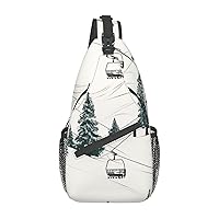 Ski Lift With Fir Tree Print Sling Bag Shoulder Sling Backpack Travel Hiking Chest Bag For Men Women