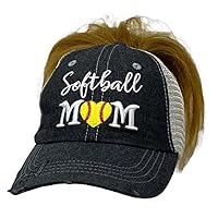 Cocomo Soul Womens Softball Mom Hat | Softball Mom Messy BUN HIGH Ponytail Hat | Softball Mom Cap 305 Dark Grey