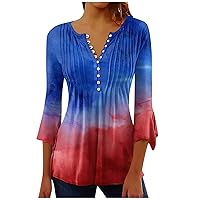3/4 Sleeve Tops Ladies Dressy V-Neck Shirt Casual Independence Day Printed Blouse Fashion Button Down Summer Pleated Tee