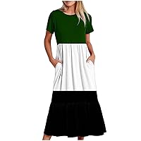 Color Block Pleated Beach Dress Women Summer Short Sleeve Crewneck Flowy Long Dress 2024 Casual Ruffle A-Line Dress