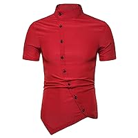 Men's Irregular Short Sleeve Dress Shirt Retro Banded Collar Button Up Shirts Slim Business Party Medieval Shirt