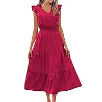 Summer Maxi Dress for Women 2024 Flowy Casual Cap Sleeve V Neck Smocked Beach Sundress Flutter Loose Tiered Dress