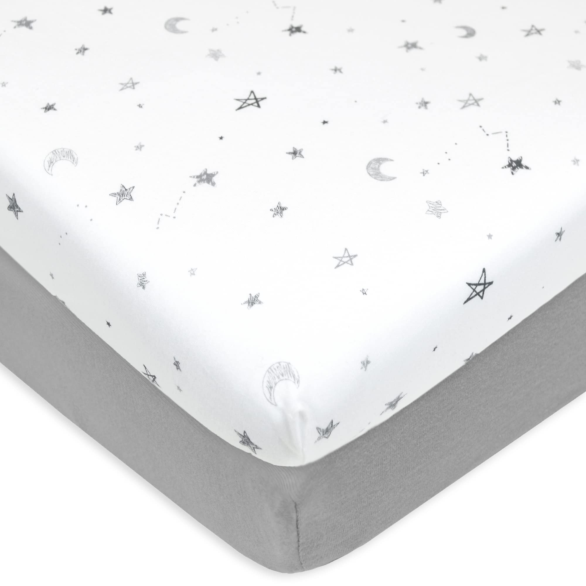 American Baby Company 2 Pack Printed 100% Natural Cotton Jersey Knit Fitted Pack N Play Playard Sheet, Gray Star and Gray, Soft Breathable, for Boys and Girls
