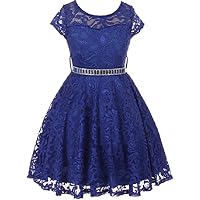 Little Girl Cap Sleeve Lace Skater Stone Belt Party Flower Girls Dresses 4-20