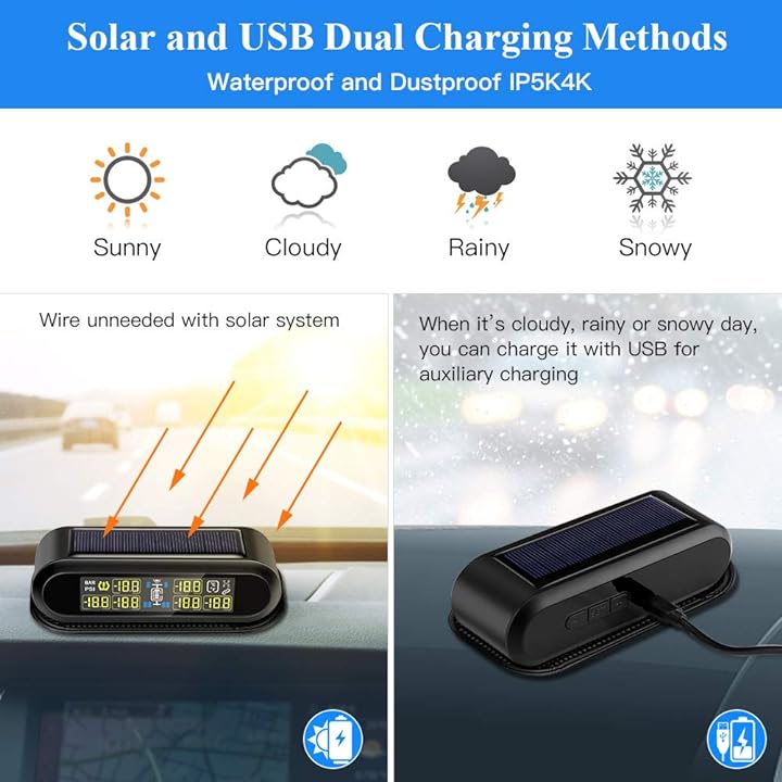 GEEMAI Tire Pressure Monitoring System Solar Wireless TPMS with LCD Color Display 4 External Sensors 