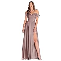 Plus Size Split Off Shoulder Long Silk Satin Bridesmaid Dresses with Slit Evening Gown Flowy Dress Taupe US22W