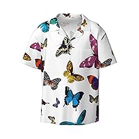 Colorful Design with Butterflies Men's Summer Short-Sleeved Shirts, Casual Shirts, Loose Fit with Pockets