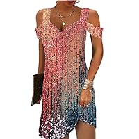 TIAFORD Women's Cold Shoulder V Neck Dress Short Sleeve Ethnic Style Floral Printed A-line Casual Sexy Mini Tunic Dress