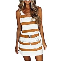 Womens Dresses V Neck Sleeveless Halter Stripes Print Shirts Dress Casual Drawstring Going Out Short Summer Dress