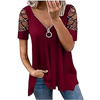 Womens Eyelet Short Sleeve T Shirts Loose Fit Long Tops Tee for Women V Neck Basic Summer Fall Shirts 2024 Y2K