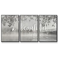 Renditions Gallery Quotes Wall Art Live A Beautiful Life Grey Landscape Painting Modern Home Décor Artwork Black Floater Framed Canvas Prints Wall Decorations for Bedroom and Bathroom 16x24 Inch LS016