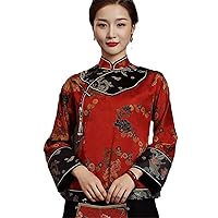 Cheongsam Women Tops Silk Satin Fabric Embroidery Splicing Stand Collar Chinese Style Shirts Woman