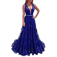 Women's Sexy Deep V Neck Lace Prom Dresses 2019 A-Line Long Beaded Formal Evening Dress Party Ball Gowns